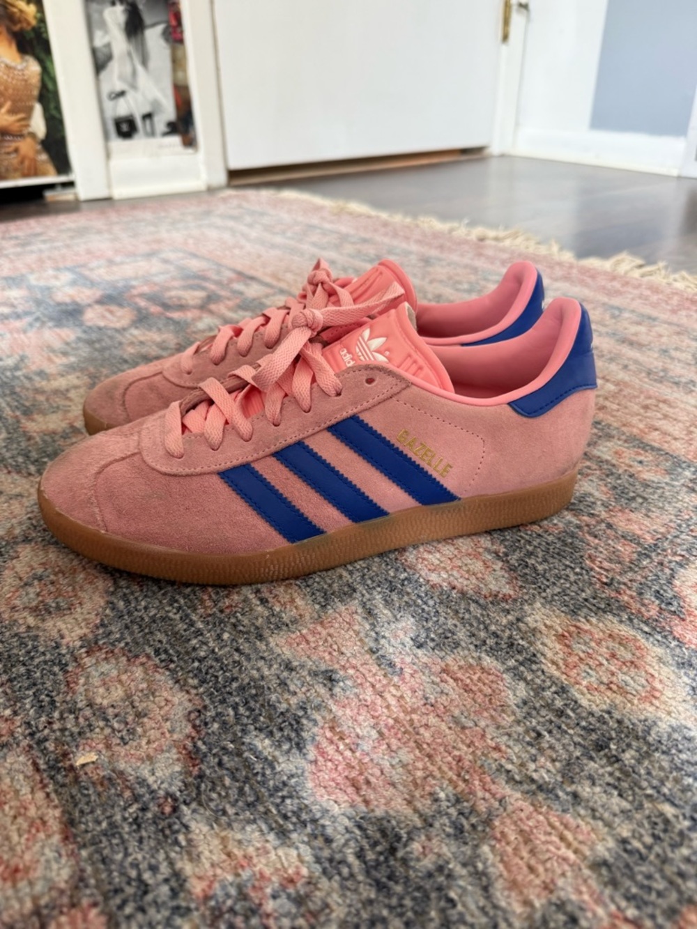 adidas Gazelle Pink Suede Sneakers with Blue Stripes and Gum Sole